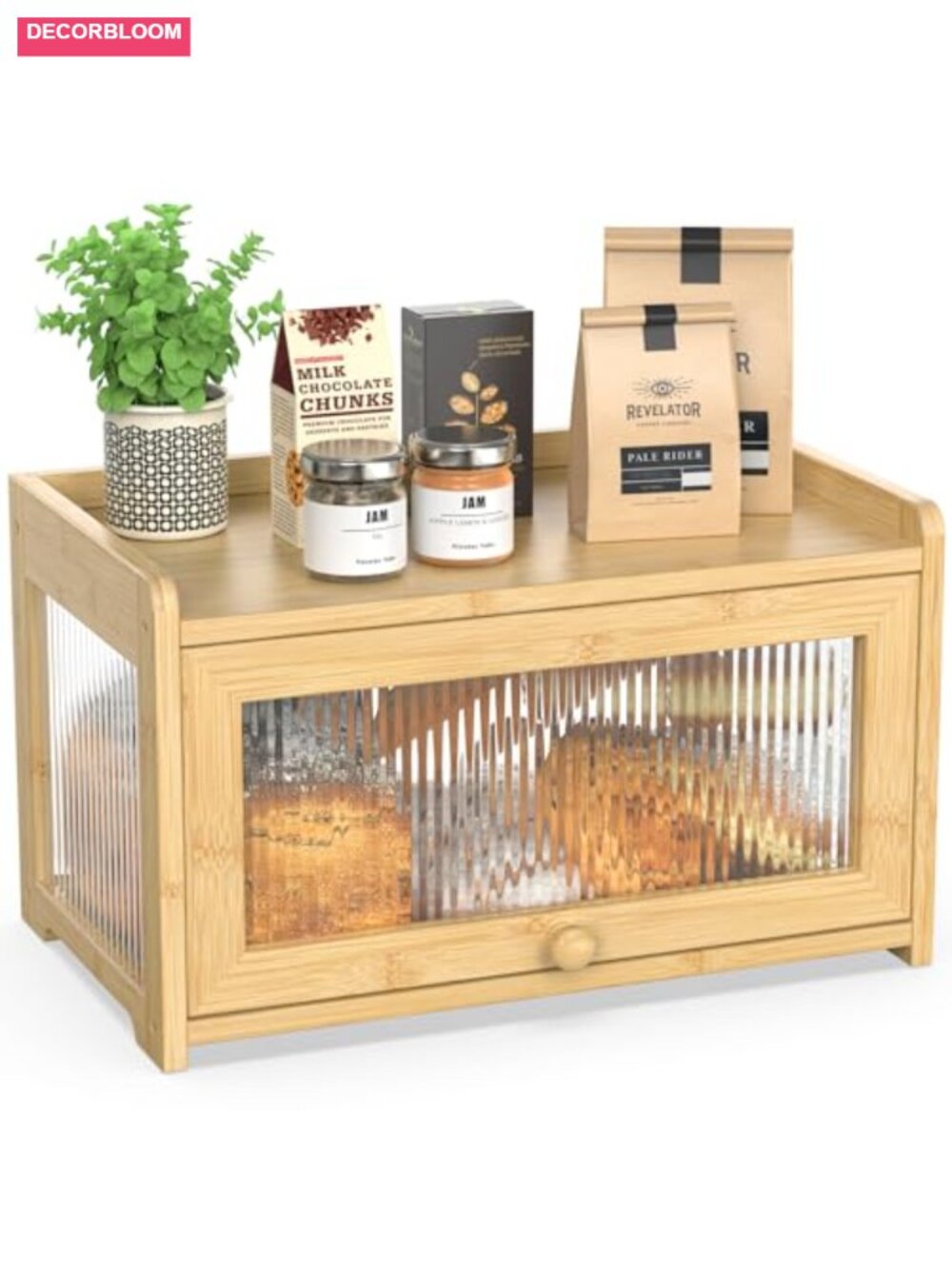 Extra Large Farmhouse Bamboo Bread Box with Clear Acrylic Panels for Kitchen